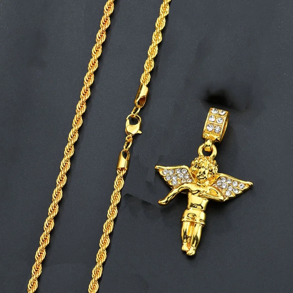 Angel Iced Out Pendant Bling Small Pendant Hip Hop Rope Chain Certified Necklace Gold Jewelry for woman & men