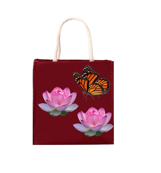 Eco friendly nice Printed Shopping large jute bag weaved padded handle brown color bag made in West Bengal