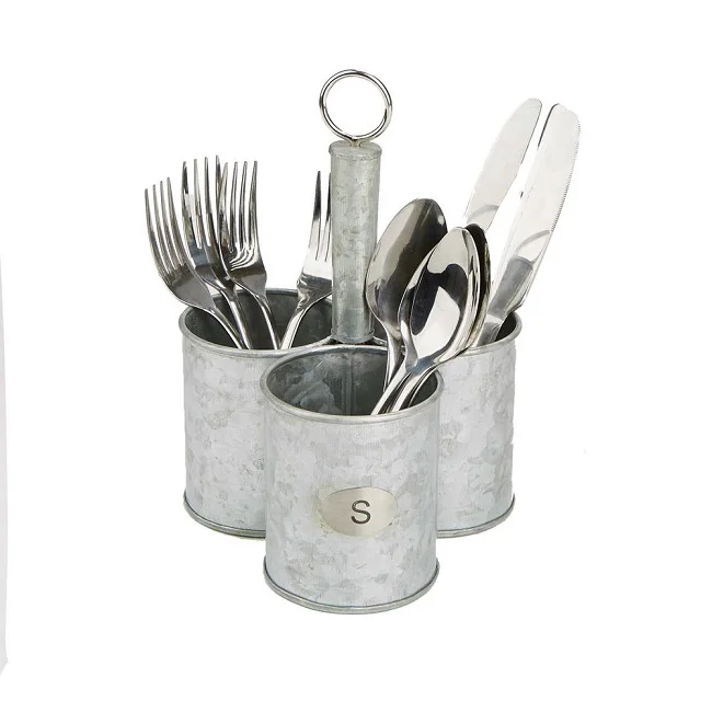 Farmhouse Metal Aluminium Iron & Tin Kitchen Utensil Holder Large For Countertop Spoon Fork Knife Storage Handmade Round Silver