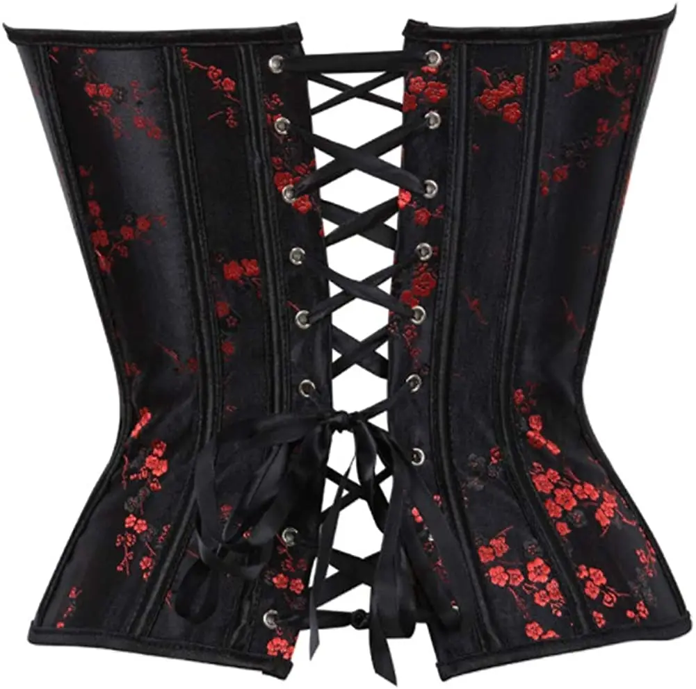 Womens Steel Boned Satin Overbust Waist Training Brocade Corset