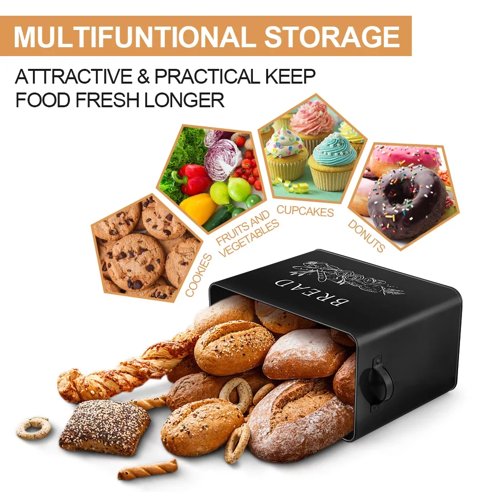 Black Bread Box for Kitchen Counter, Metal Bread Storage Bin with Wooden Cutting Lid, Large and Capacity for Holding
