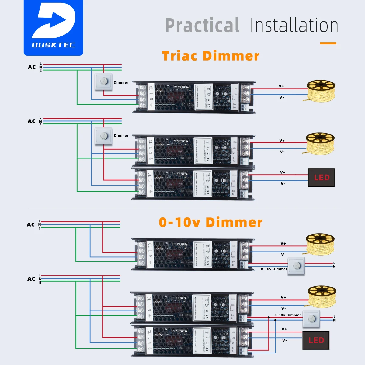 DUSKTEC Linear 60-300 Watt AC Input 220 230 240 Volt to Output 12V 24VDC Variable Dimming Dimmable Switching Power Supply