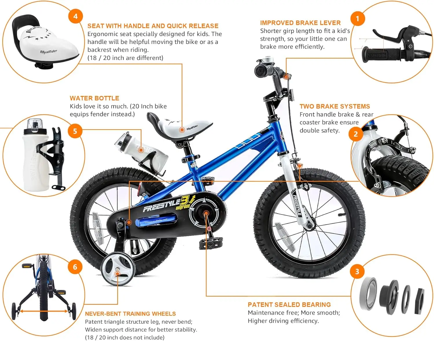 Freestyle Kids Bike 12 14 16 18 20 Inch Bicycle, Training Wheels or Kickstand Available, for Boys Girls Ages 3+