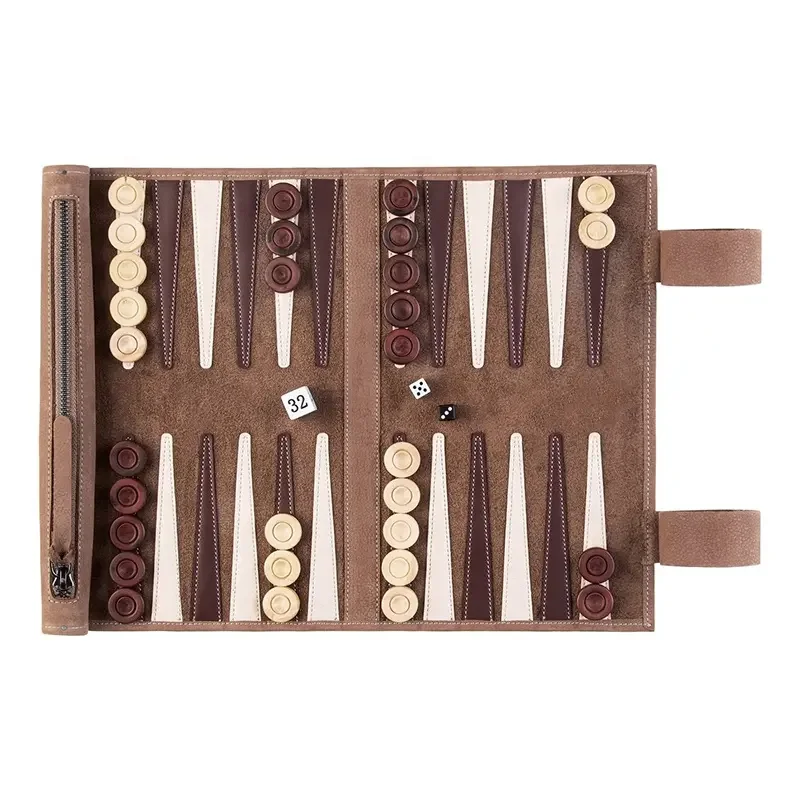 Roll Up Backgammon Hand-Made High Quality Custom Checkers Genuine Leather Travel Rollup Backgammon Set