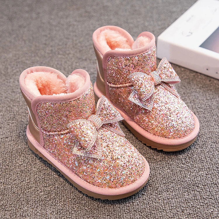 Оптовая продажа от фабрики детские зимние сапоги с блестками и бантом со стразами блестящие розовые высокие ботильоны резиновой стелькой для девочек