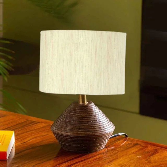 Classic Wooden Night Lamp with Stylish Brown and White Cotton Shade a Refined Choice for Warm Ambiance