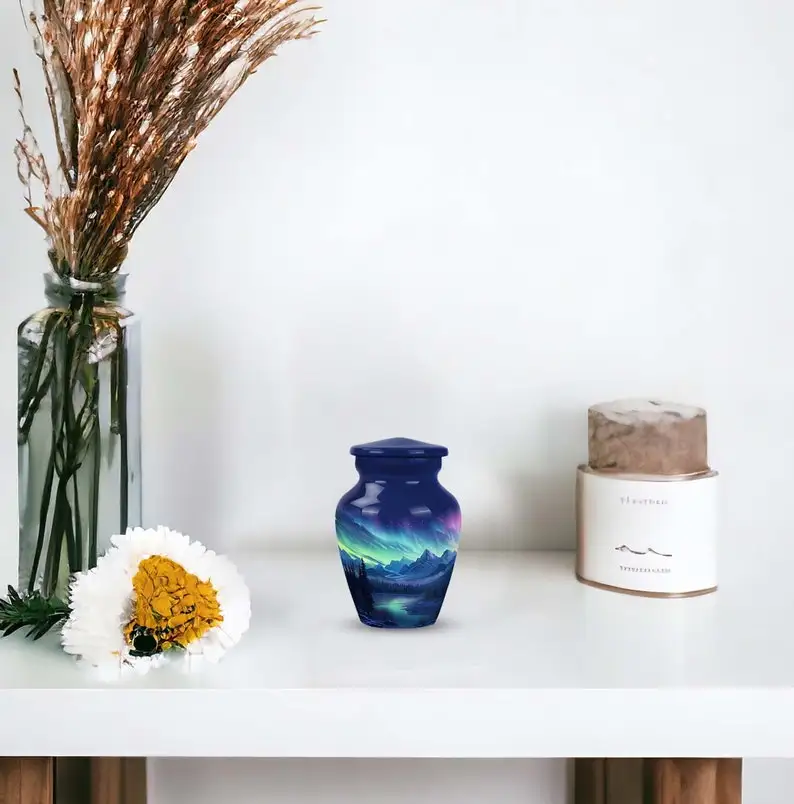 Northern lights Mountain Lake Urns For Cremation Ashes Modern Urns For Human Ashes Keepsake Decorative Urns For Ashes Night Sky
