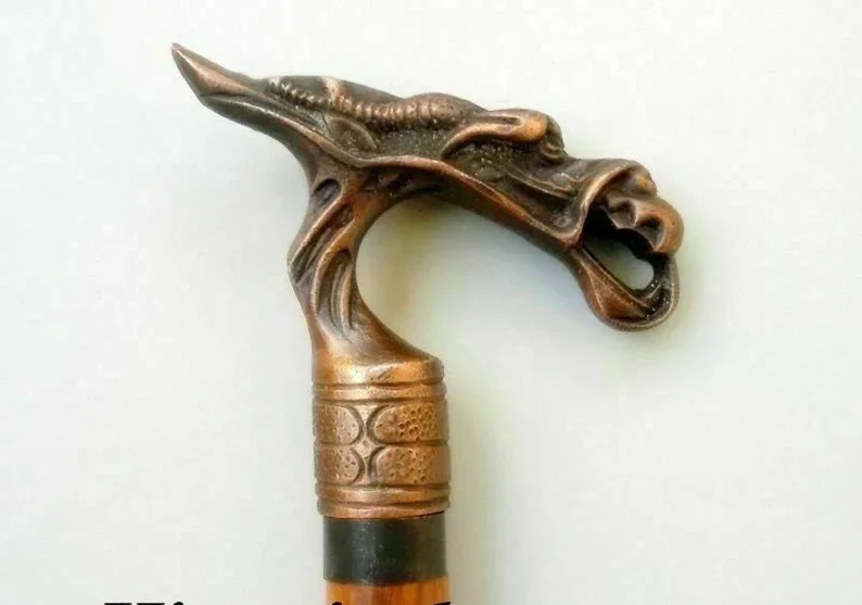 Handmade Walking Stick with Dragon Head Handle for Men and image 1 Handmade Walking Stick with Gothic Dragon Steampunk  for Men