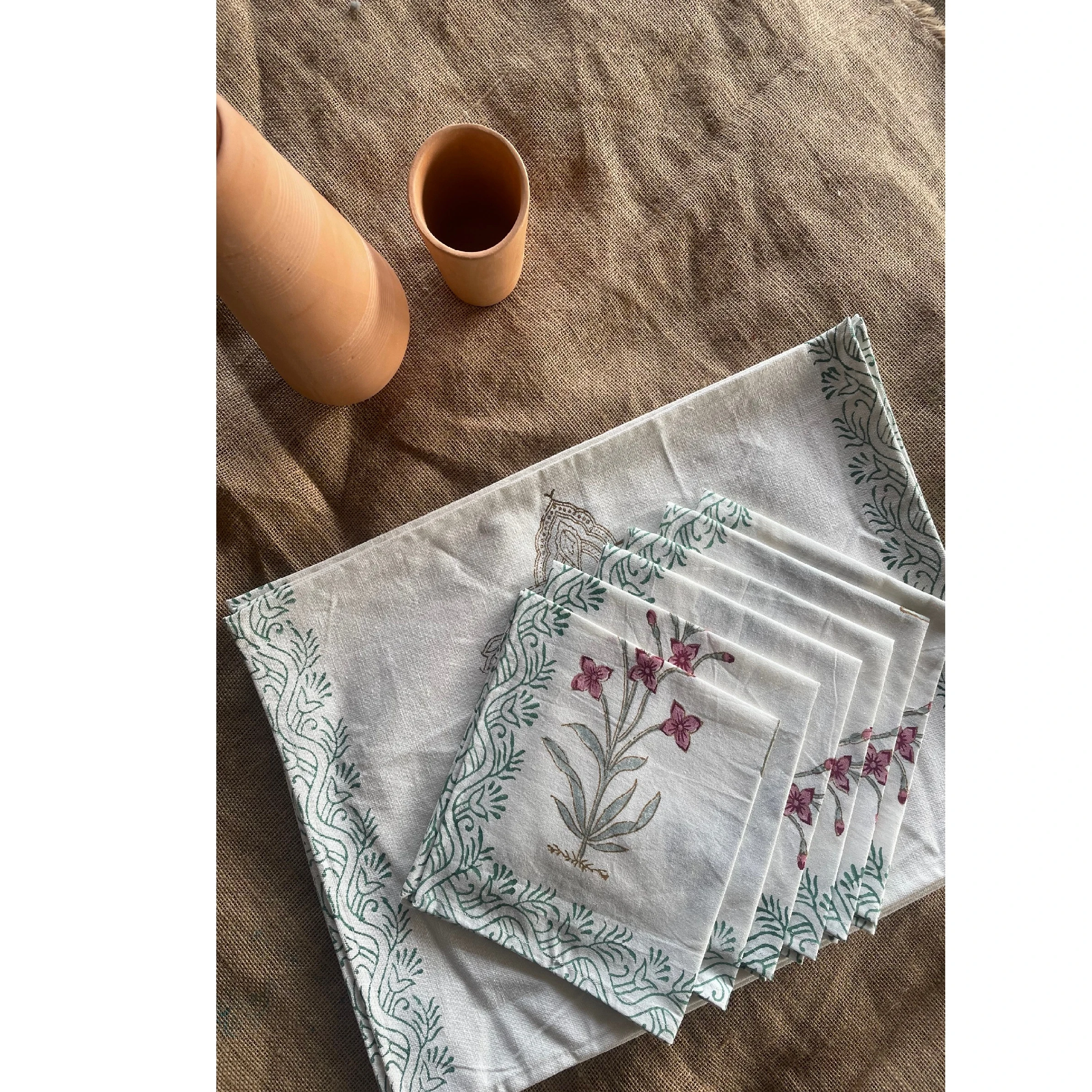 Export Quality Floral Hand Block Printed Cotton Canvas Floral Printed Table Mats & Napkin Set of 6 Napkins & 6 Mats