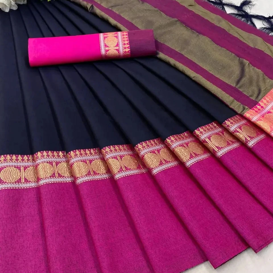 Beautiful Aura Plain soft Cotton Silk with Broad contrast border with blouse Beautiful Tone color saree