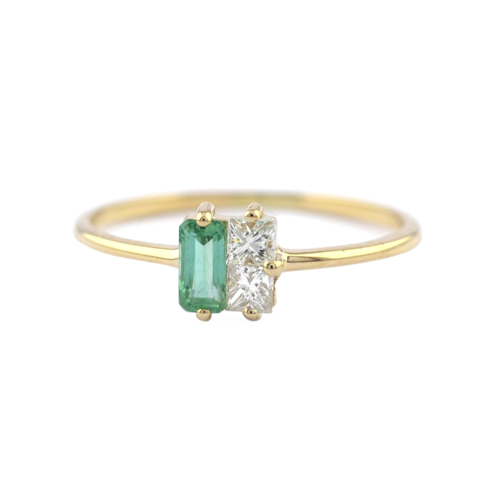 Latest Collection Natural Emerald Chowki Diamond Ring 18K Solid Yellow Gold Stackable Band Promise Baguette Ring for Women