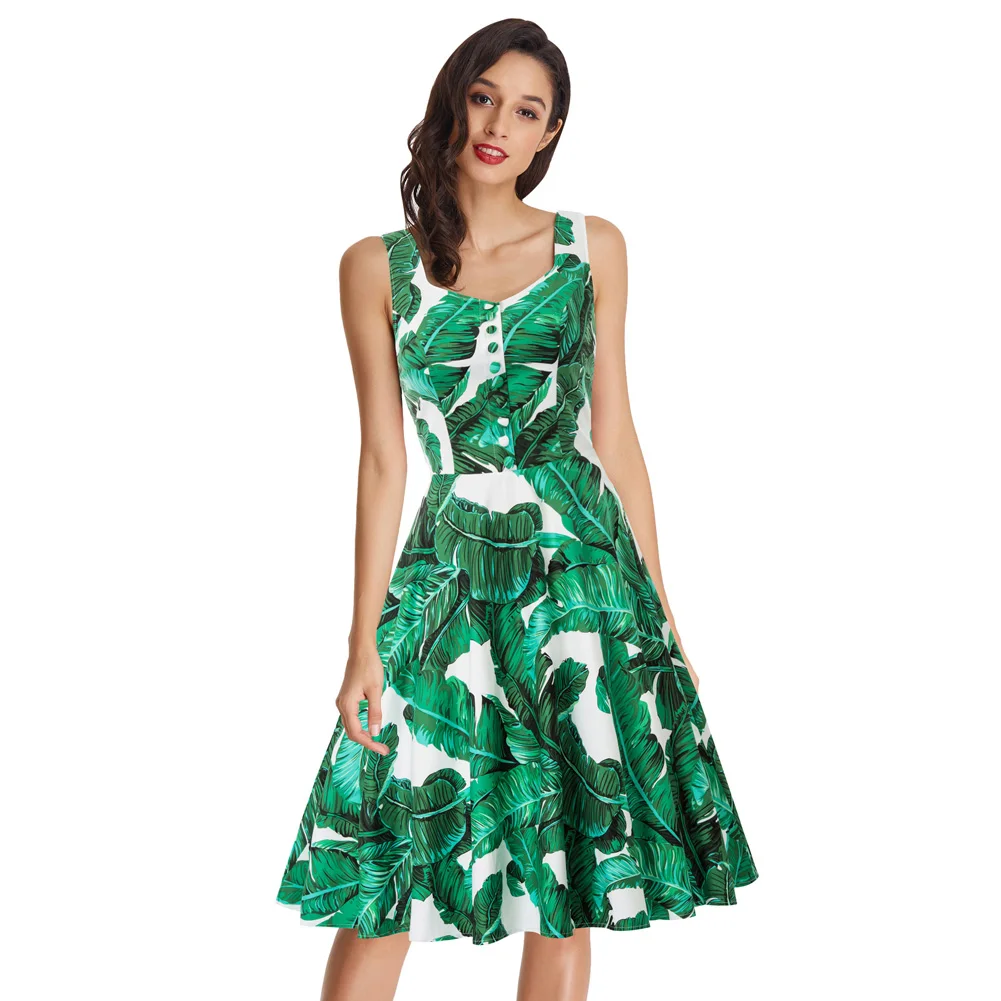 BP000416 Sleeveless V-Neck Flared Cotton Floral Printed A-Line Retro Vintage Dress