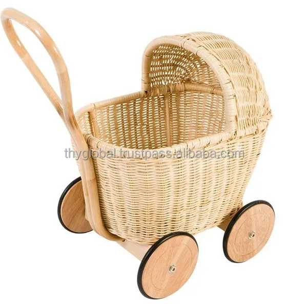 Wholesales home decor natural rattan trolley for toy baby doll carriage rattan stroller with cheap price for christmas event