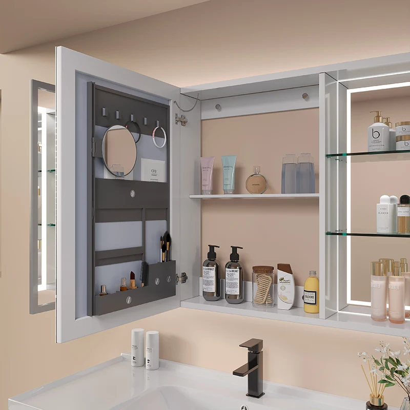 Bathroom White Bathroom Cabinet Set Smart Mirror Cabinet With Light Wall Mounted Ceramic One Piece Washbasin