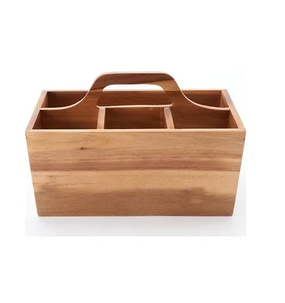 Premium Caddy Table Organiser Handmade Wooden Basket Shape Multipurpose Cutlery Holder 4 Compartments with carrying handle