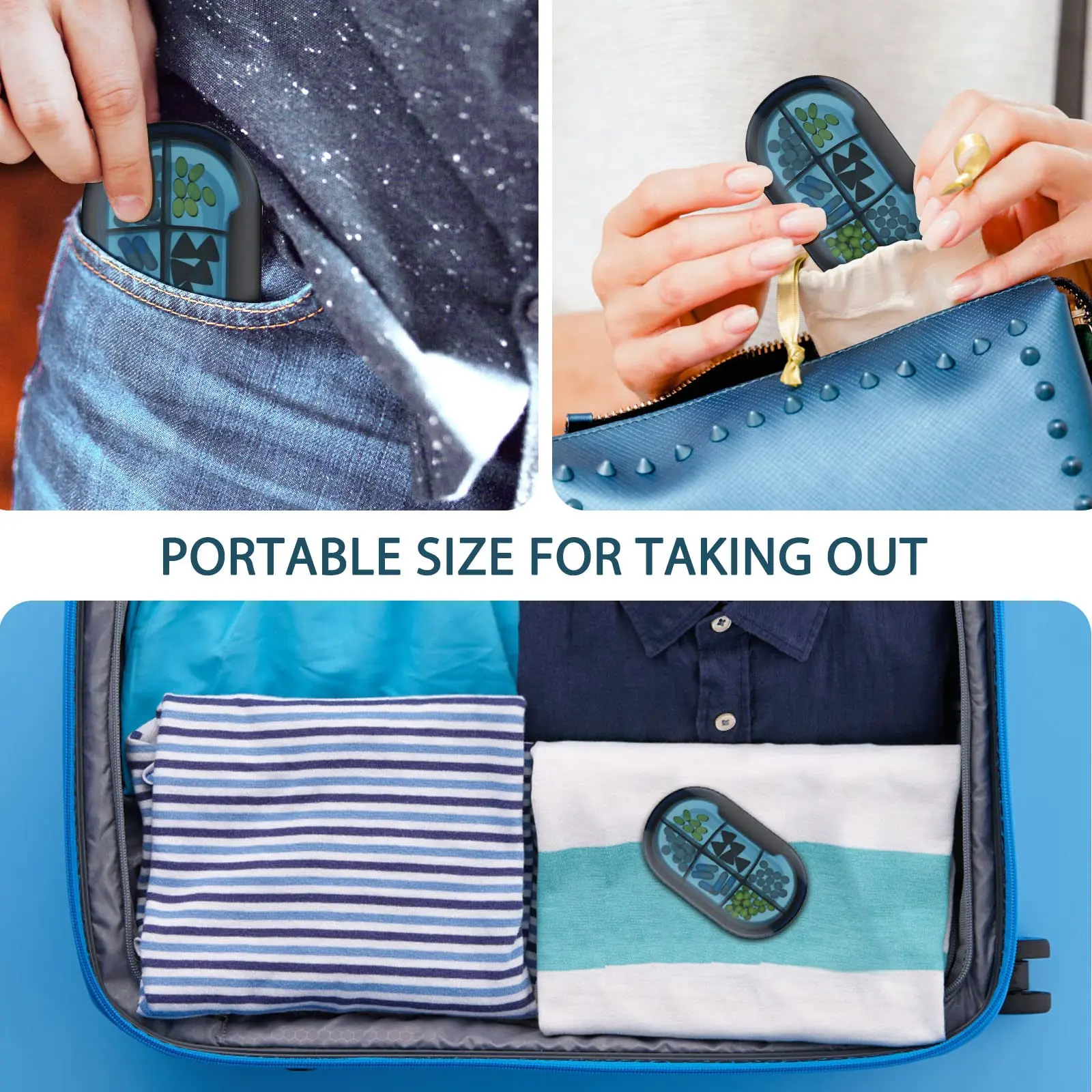 Hold Medicine  Weekly Travel Outdoor 6 Compartments Portable Compact Large Blue Waterproof Pill Case Organize box