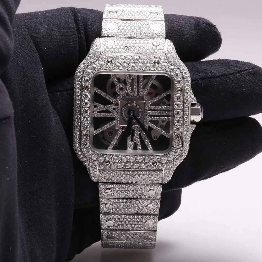 certified vvs gra hip hop gold full diamond customize case skeleton with couple stainless steel ladies s925 moissanite watch