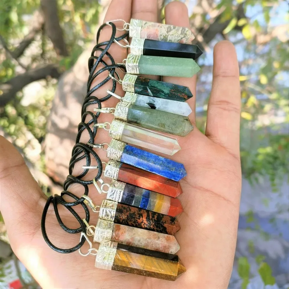 All Mix Stones Single Point Pencil Healing Gemstone Necklace Pendant Wholesale Love Crystal Pencil Cape Pendant Necklace