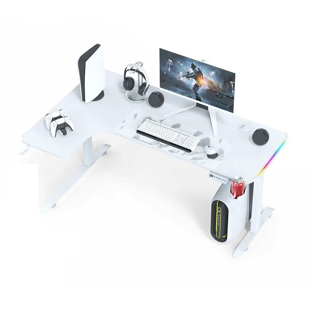 Dragon war L shaped durable 140 160 table length desktop length led rgb light sit standing gaming desk with mouse pad