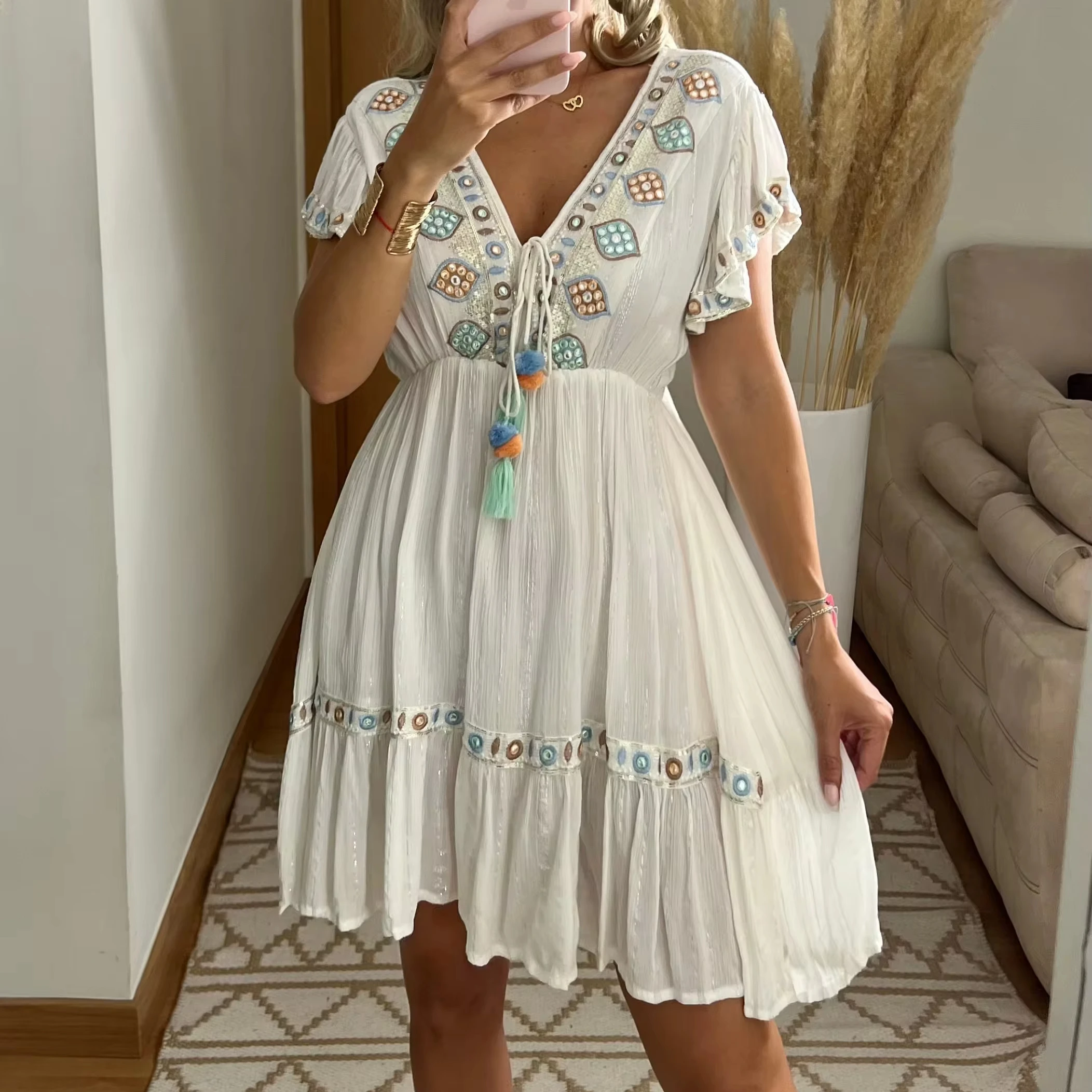 2024 Fashion Women Beachwear Cover Up Dresses Loose Short Sunscreen  Bikini Midi Beach Dress handmade premium product