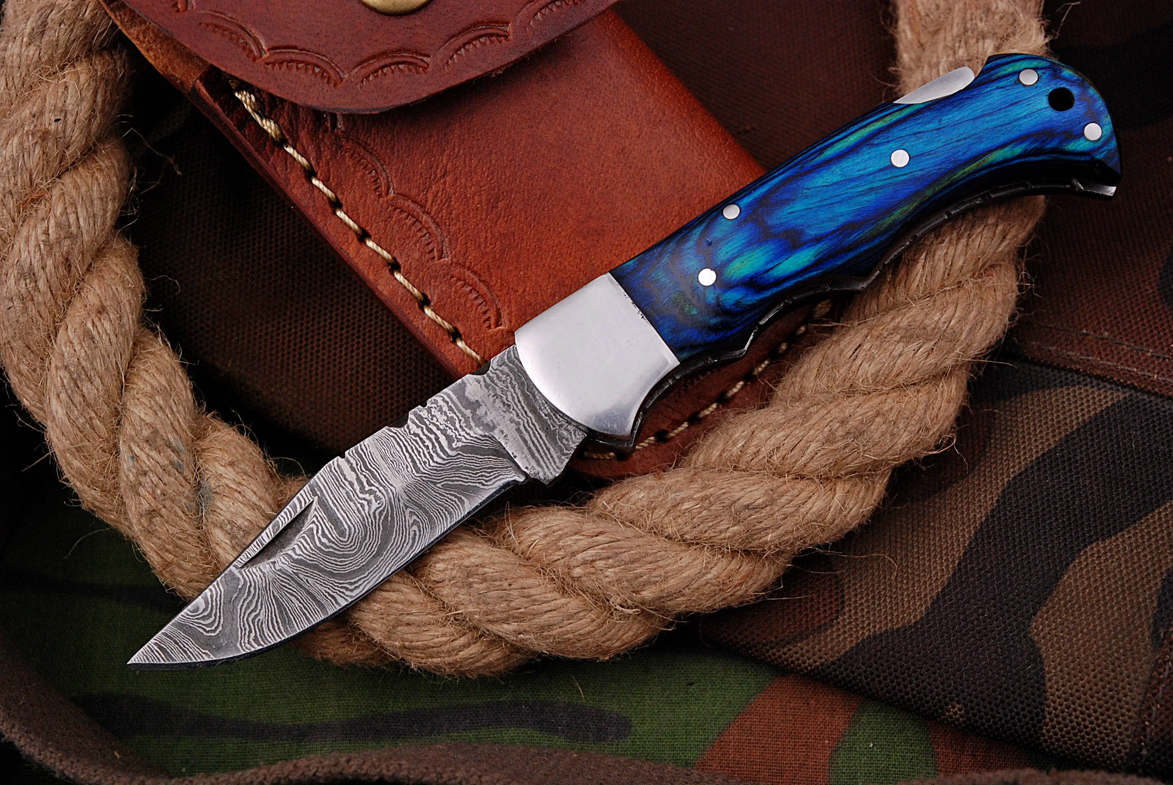 Wholesale Low Price Handmade Foldable Damascus Folding Pocket Knife with micarta handle Supply Reasonable Price Pocket Knives