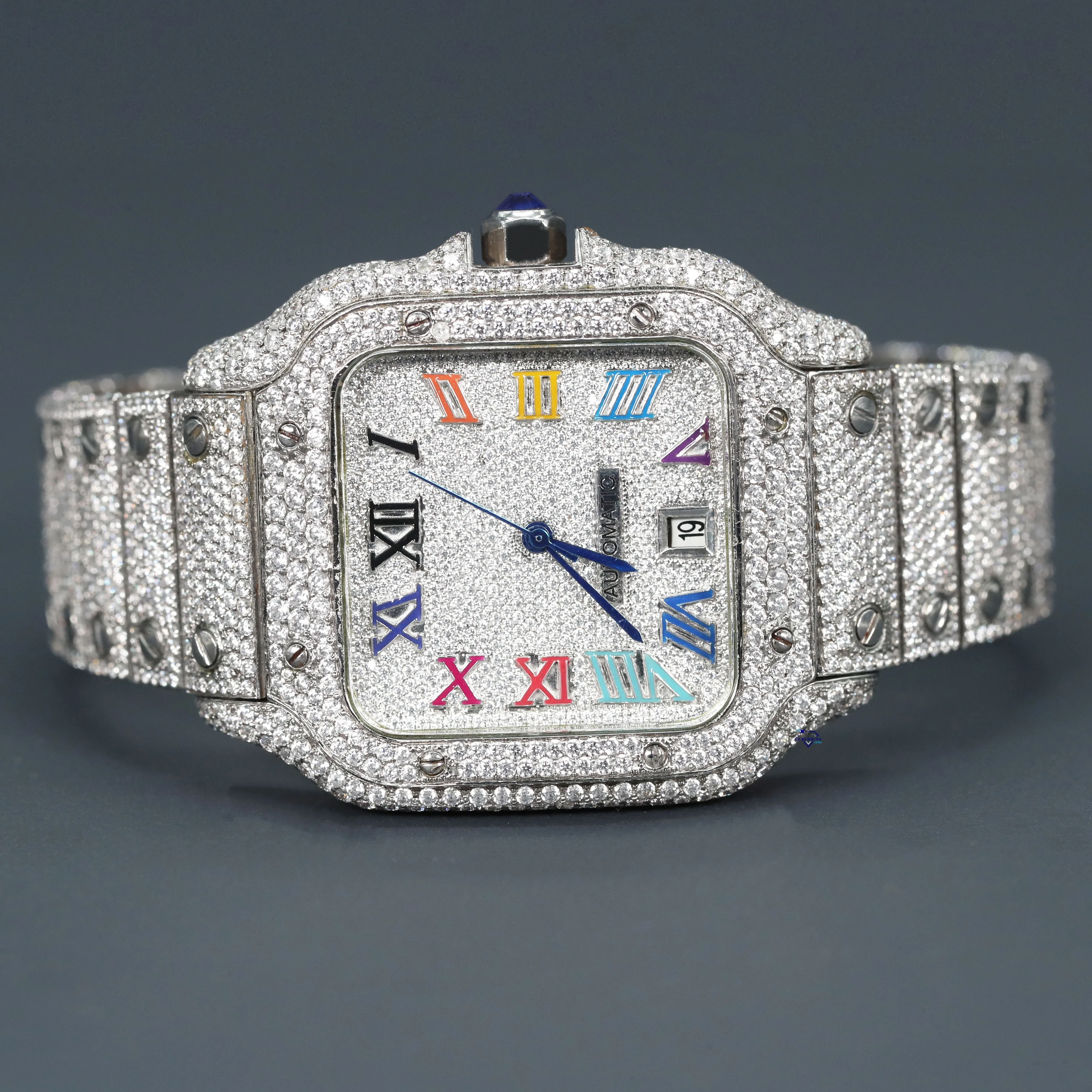 An elegant fusion moissanite diamonds meet a timeless Roman numeral dial in this captivating timepiece a nod to classic design
