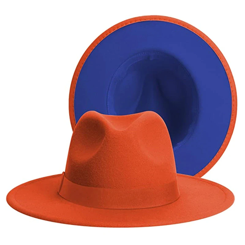 Simple Outside Black inside Camel Patchwork Wide Brim Fedora Hat Men Women Two Tone Felt Fedora Hats Cowboy Jazz Hat Brown Belt