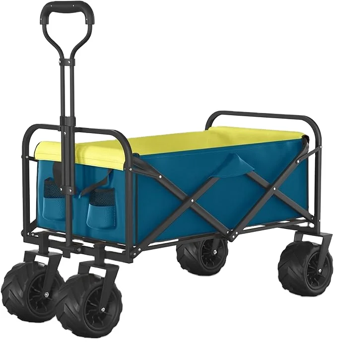 THCW10071 - Collapsible Folding Wagon 400lbs Weight Capacity, with All-Terrain Wheels & Cup Holders for Garden, Shopping, Blue