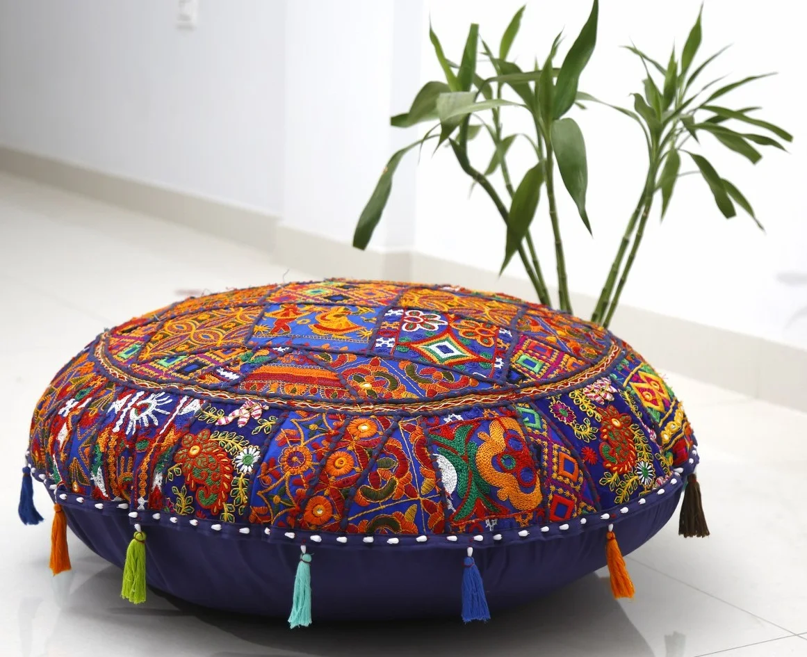Indian Patchwork Floor Cushion Cover Handmade Gujarati Round Pillow Cover Embroidered Large Living Room Decor Pillow Cover