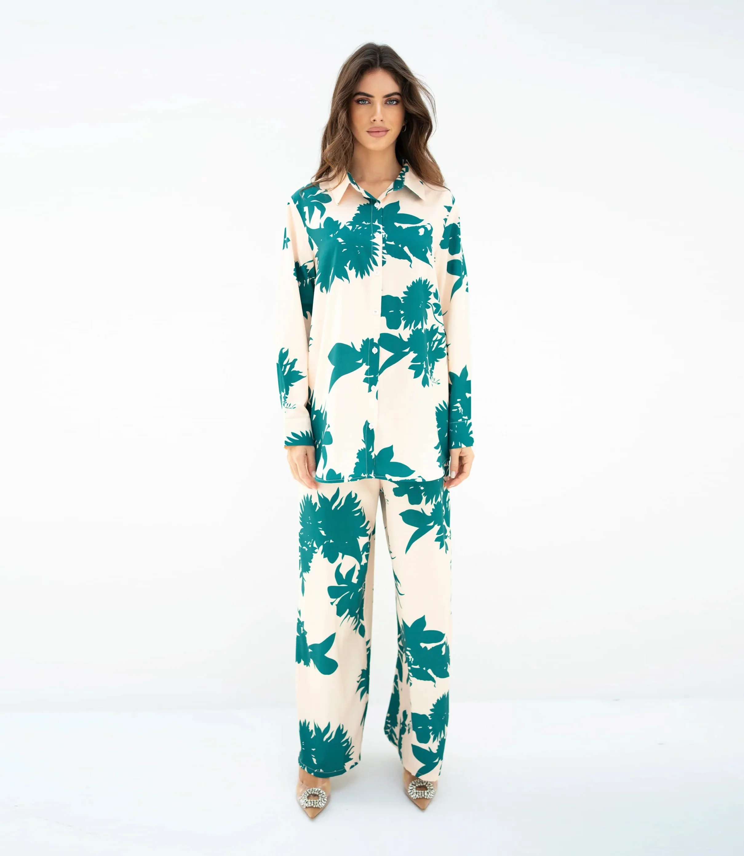 Korean BSY Geometric Printed Fabric Collar Shirt Top and Pant Set Modern Womens Party Wear Ensemble