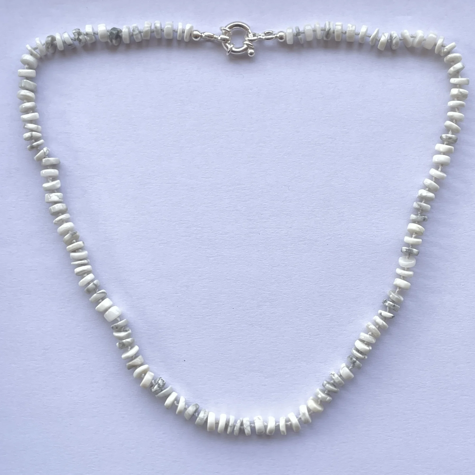 6mm Natural White Howlite Smooth Heishi Tyre Beads Necklace Fine Beaded Jewelry Pale Pastel Light Weight 925 Sterling Silver