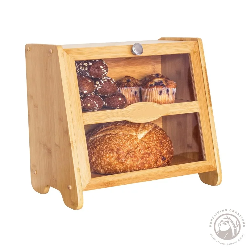 Bamboo Bread Box for Kitchen Countertop, Wooden Kitchen Counter Organizers and Storage for Bread, Coffee, Spices, Snacks