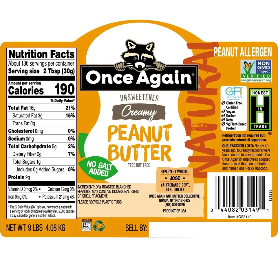 Органическое старомодное несоленое арахисовое масло высшего качества гладкий и натуральный вкус упакованный в ведро весом 9 фунтов без ГМО-КОШЕРНОГО