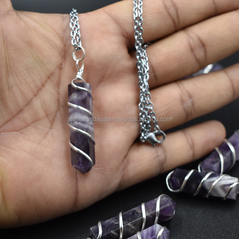 Latest Amethyst Pencil Point Pendant Necklace, Spiral Wire Wrapped Amethyst Quartz Pendant Necklace / Stone World Agate