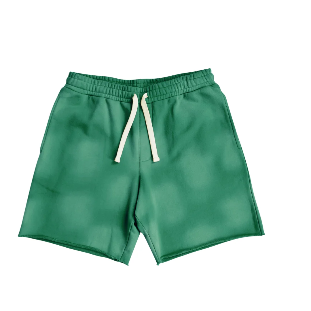 2024 New trends heavyweight 360gsm short half pants raw edged streetwear sun faded washed french terry t shirt and shorts men