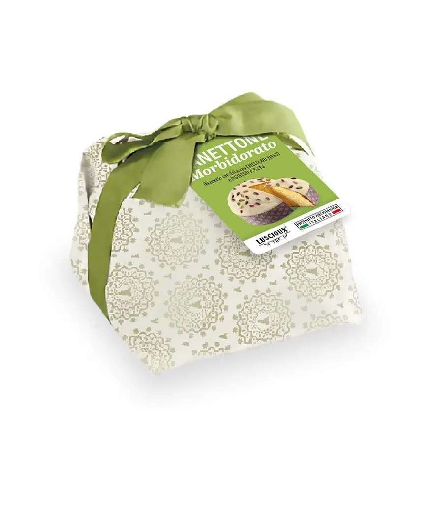 Italian Production - Panettone covered with White Chocolate and Sicilian Pistachio - Christmas Cake