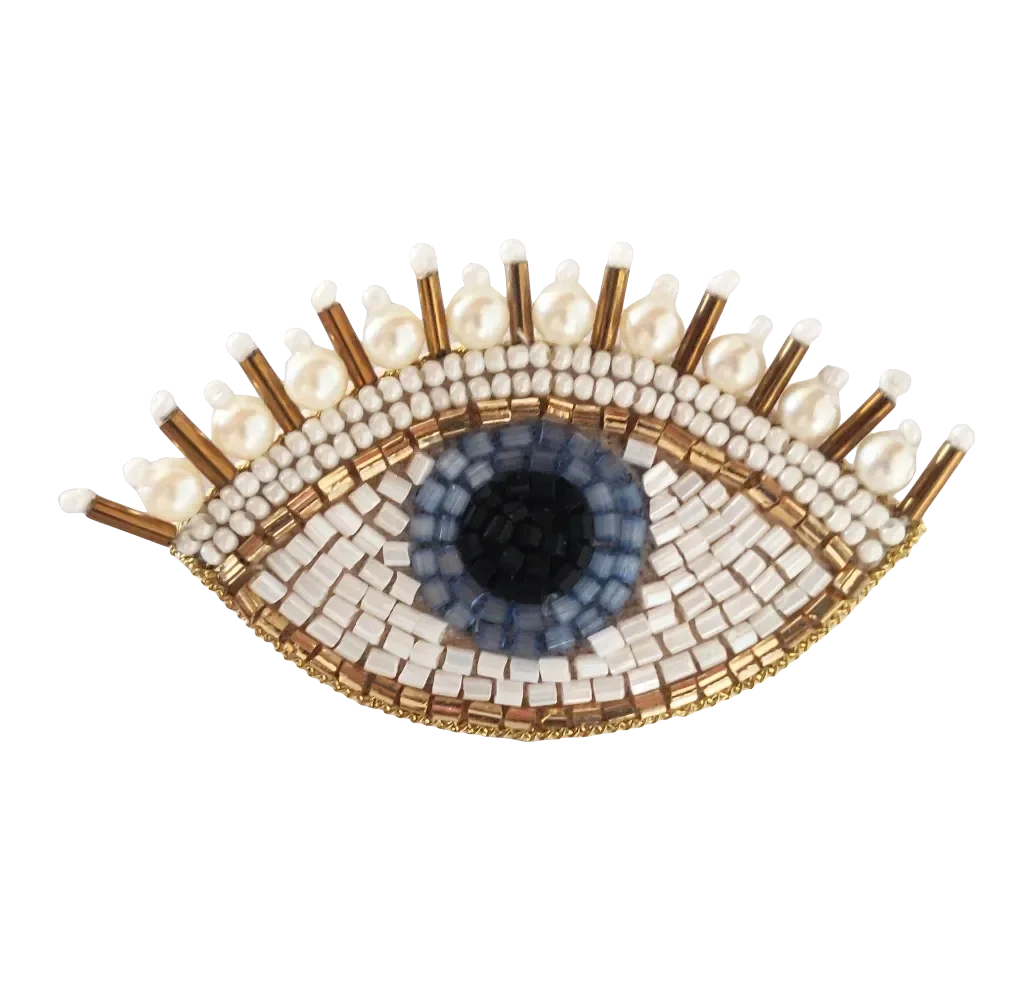 Best Handmade Jewelry Supplier of 7cm Wide Designer Eye Design Patch White Color Hand Embroidered Beaded Brooches for Sale