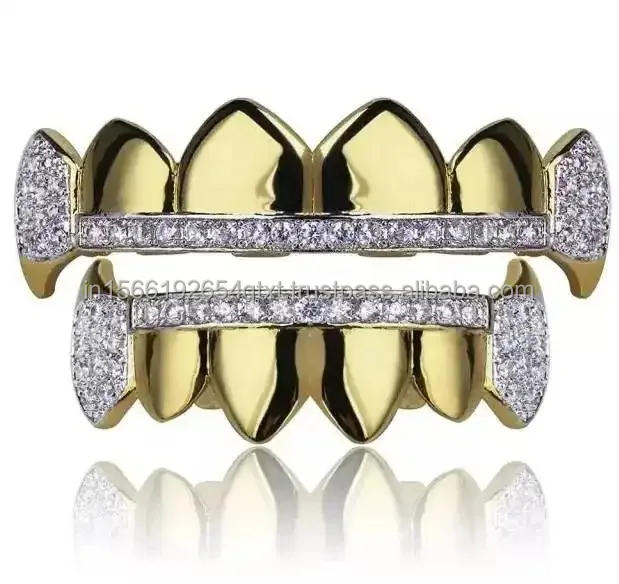 18K Fang Gold and Bling Plated Iced Out Simulated 6 Top and 6 Bottom with Diamond Grills for Your Teeth