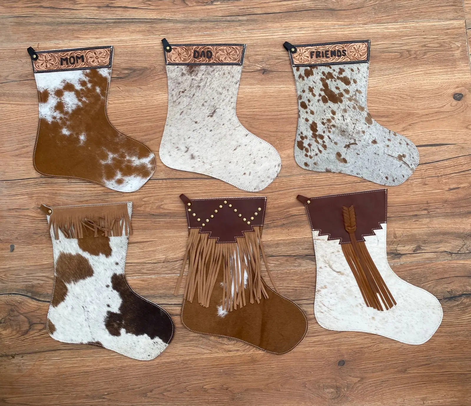 Premium Quality Hair On Cowhide Leather 16 Inches Christmas Stocking Full Grain Genuine Leather Fringe Christmas Tree Stockings