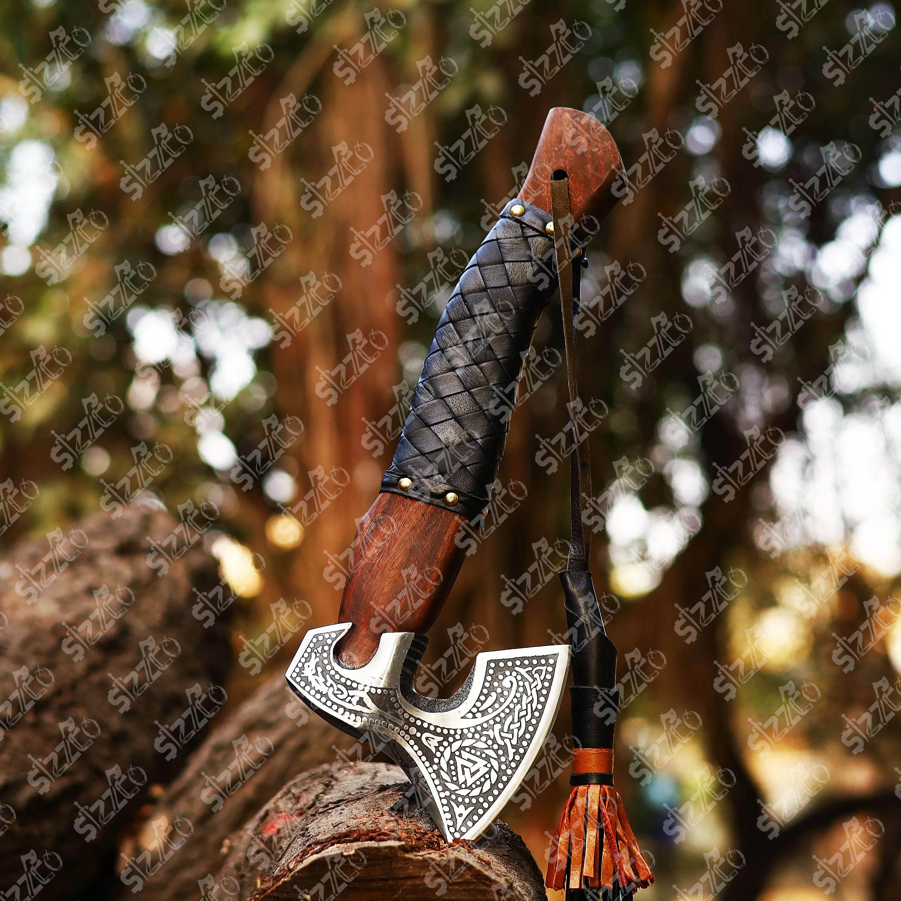 Custom Gift Forged Carbon Steel Viking Style Axe Bearded Axe Rose Wood Tomahawk Russian Hatchet Best Gift Premium Leather Sheath