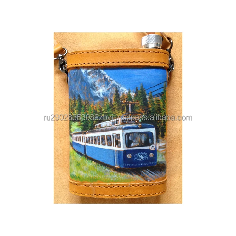 Hand painted flask made of stainless steel covered with calfskin leather high quality manufacturer prices souvenir flask