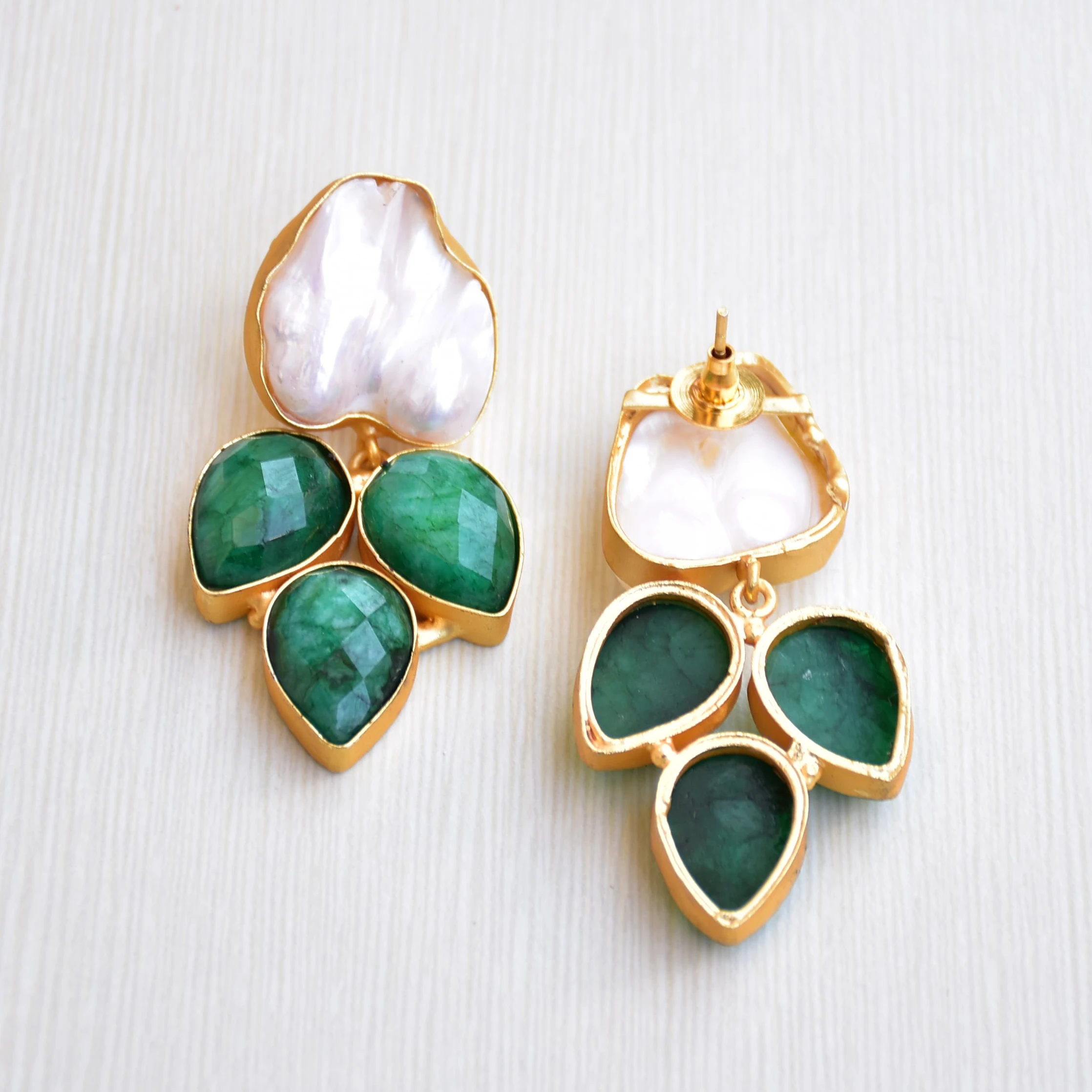 Green Statement Earrings with Pearl baroque drop Jewelry Model for Women Gold Plated Handmade dangle earring Stud Unique design