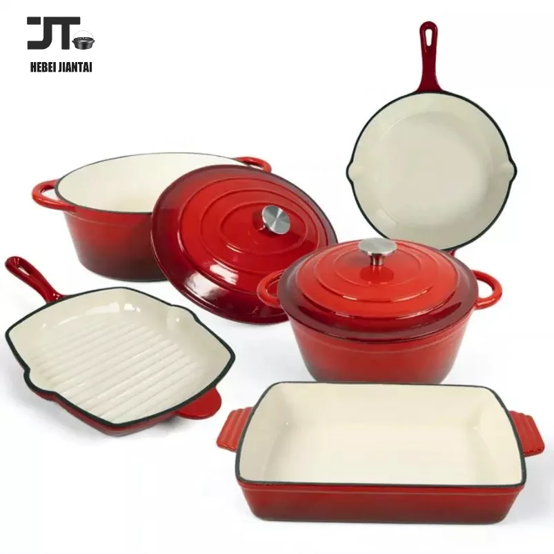 Enameled Cast Iron Cookware Set 7PCS Cast Iron Kitchenware with Round and Oval Dutch Oven Skillet Frying Pan and Baking Pan Red