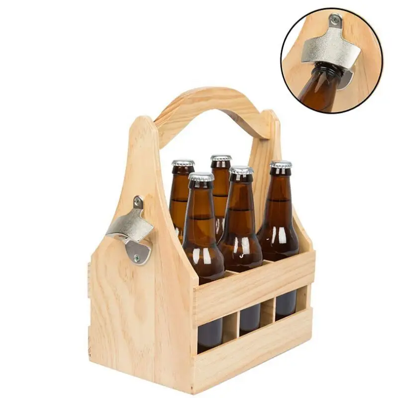 Holding Portable Rustic Farmhouse Six Divide compartments Beer Storage Pine Wooden Beer Caddy Carrier with Bottle Opener