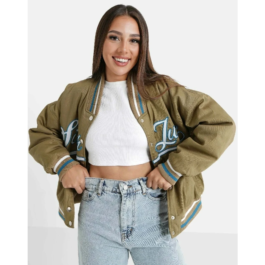 Latest Wholesale Womens Varsity Jacket with High Quality Custom Embroidery and Contrast Sleeves for Casual Sportswear