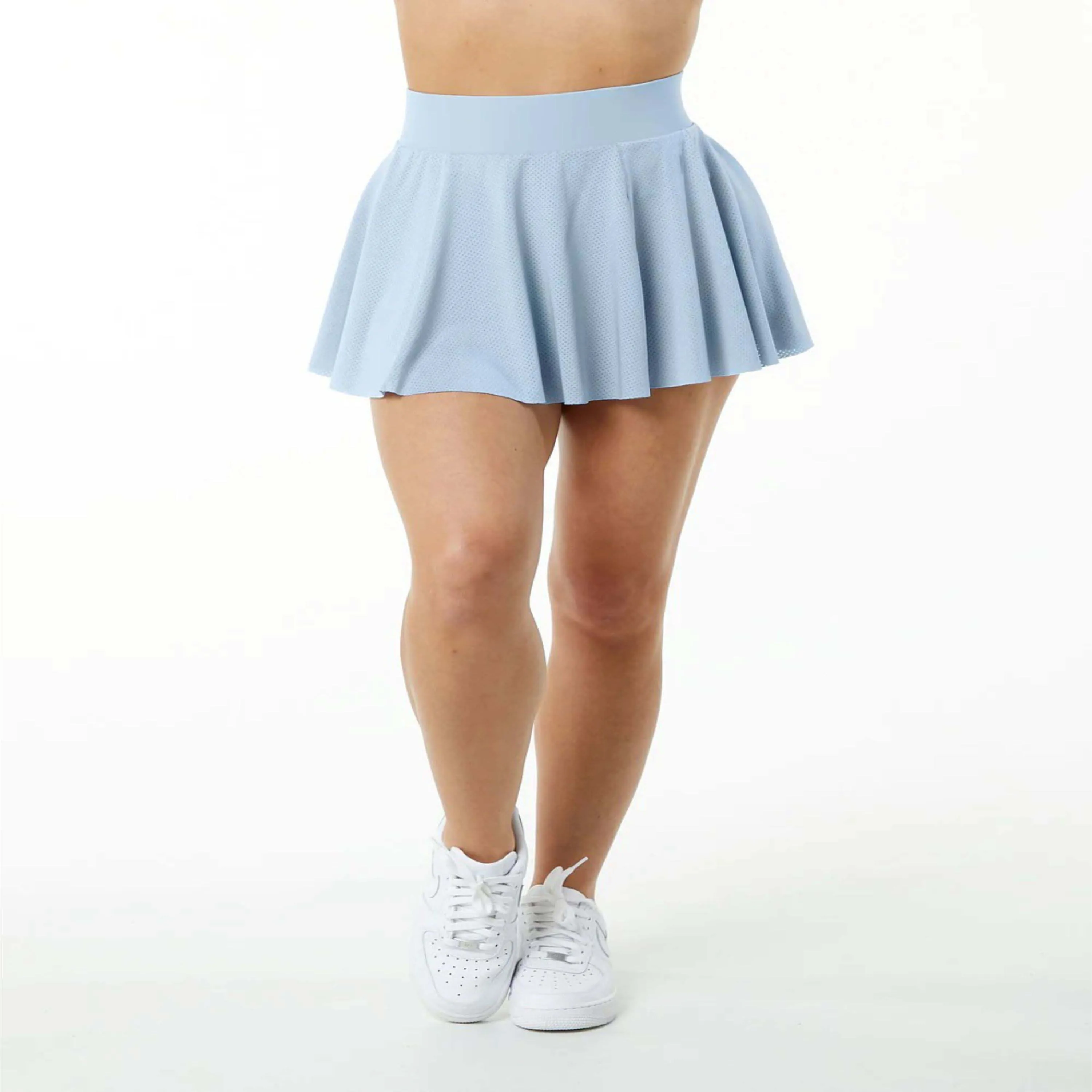 Женская юбка с завышенной талией светло-синяя из 100% хлопка трикотажная Повседневная Однотонная компрессионной подкладкой и сетчатыми шортами