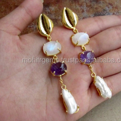 Avant Garde Beach Earring With Cowrie Shells Moonstone Amethyst and Pearls Bohemian Earrings
