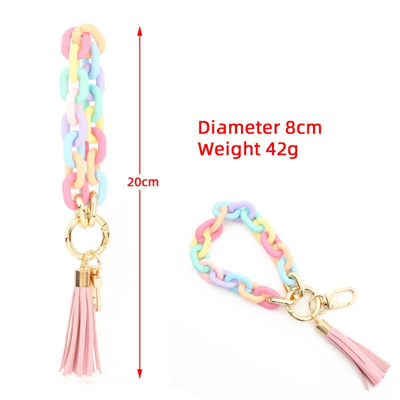 Women Colorful Acrylic Snake Chain Bracelet Keychain Wristlet Key Ring with Leather Tassel