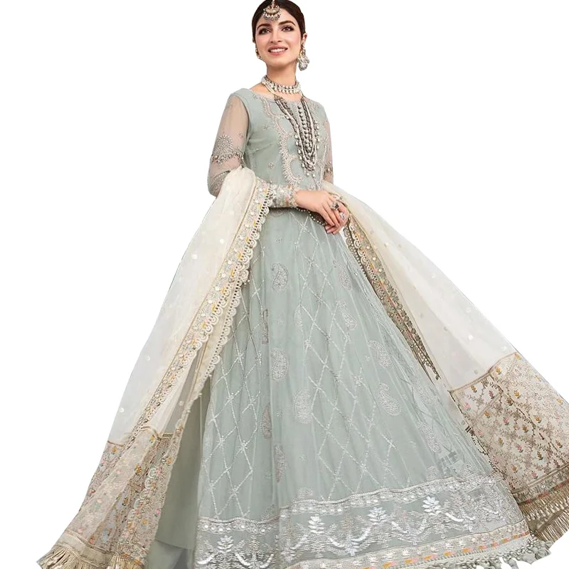 Light Grey Color Ready to wear Stitched Organza Pakistani Shalwar kameez with Front Net embroidery Yoke with Ada work & Dupatta