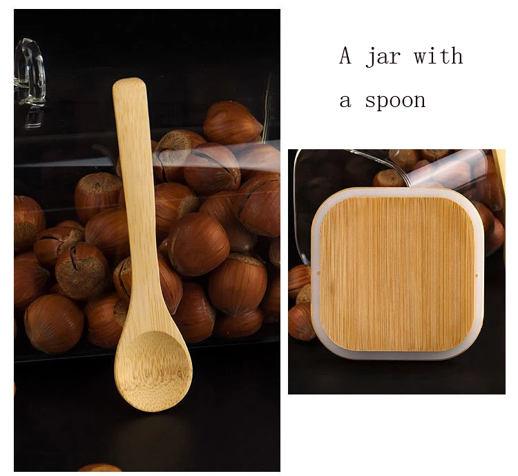 Wholesale borosilicate food storage container clear spice sugar food square glass storage jar with bamboo lid spoon